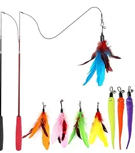 Cat Feather Toy Retractable Cat Toys Wand 2 Wands & 9 Assorted Teaser Refills Interactive Feather Teaser Wand Toy Bell Kitt