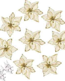 AmaJOY 12pcs Glitter Poinsettia Christmas Tree Ornament Artificial Wedding Christmas Flowers Xmas Tree Wreaths Decor Ornament, 5.5inch, Red and Gold for Choice (Gold)