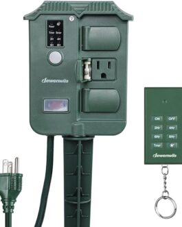 DEWENWILS Outdoor Power Stake Timer Waterproof, 100FT Wireless Remote Control, 6 Grounded Outlets, 6FT Extension Cord, Photocell Dusk to Dawn for Outdoor Lights, Sprinklers, Garden, UL Listed
