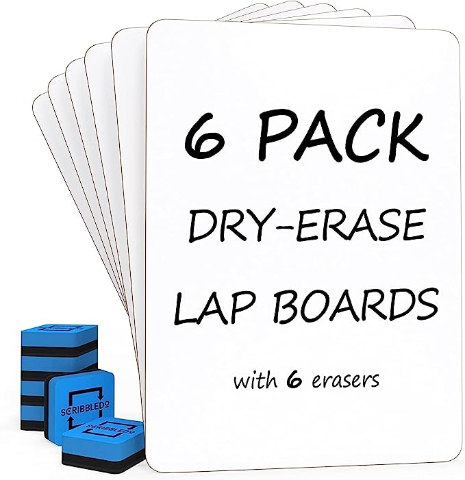 Scribbledo 6 Pack Small White Board Dry Erase Boards Classroom Pack Mini White Boards 9"x12” Personal Whiteboards for Students Teachers School Supplies Lapboards l 6 Mini Whiteboard Erasers Included