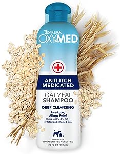 TropiClean OxyMed Medicated Anti Itch Shampoo for Pets 20oz – Oatmeal Medicated Dog Shampoo for Allergies and Itching – Stops Itching Fast