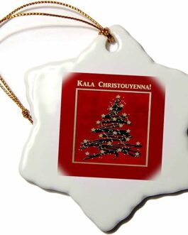 3dRose ORN_37022_1 Kala Christouyenna, Merry Christmas in Greek, Christmas Tree on Red Snowflake Porcelain Ornament, 3-Inch