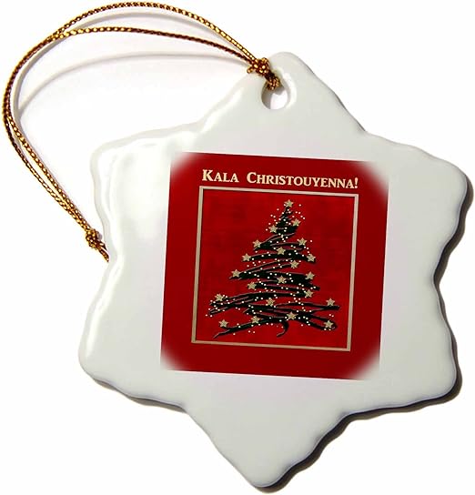 3dRose ORN_37022_1 Kala Christouyenna, Merry Christmas in Greek, Christmas Tree on Red Snowflake Porcelain Ornament, 3-Inch