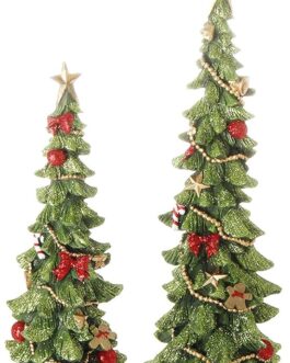 Decorated Christmas Tree Figurines in Glittered Green, Red and Gold -12 Inches and 9 inches high