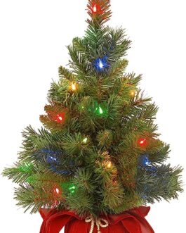 National Tree Company Pre-lit Artificial Mini Christmas Tree | Includes Multi-Color LED Lights and Cloth Bag Base | Majestic Fir – 2 ft