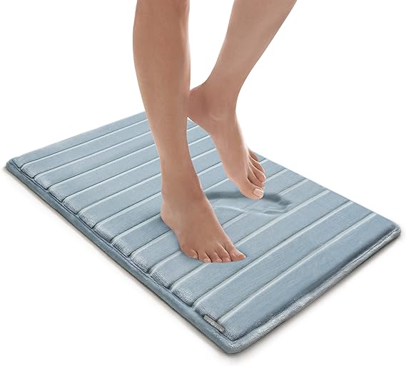 MICRODRY Extra-Thick, SoftLux, Charcoal Infused Memory Foam Bath Mat with GripTex Skid-Resistant Base (Blue, 17x24)