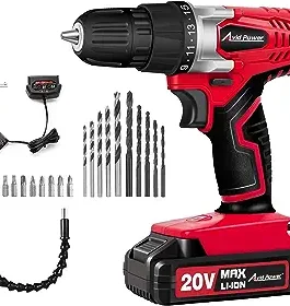 Avid Power 20V Max Lithium Ion Cordless Drill Power Drill Set with 3/8 Keyless Chuck Variable Speed 16 Position Led Light and 22Pcs Drill/Driver Bits Mw316