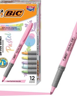 BIC Brite Liner Grip Pastel Highlighter Set, Chisel Tip, 12-Count Pack of Pastel Highlighters in Assorted Colors, Cute Highlighters for Bullet Journaling, Note Taking and More