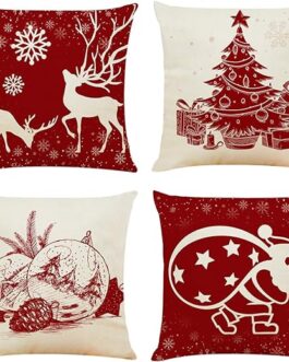 Ogrmar 4PCS 18″x18″ Throw Pillow Covers Christmas Decorative Couch Pillow Cases Cotton Linen Pillow Square Cushion Cover for Sofa, Couch, Bed (Red and Beige)