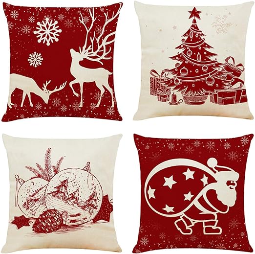 Ogrmar 4PCS 18"x18" Throw Pillow Covers Christmas Decorative Couch Pillow Cases Cotton Linen Pillow Square Cushion Cover for Sofa, Couch, Bed (Red and Beige)