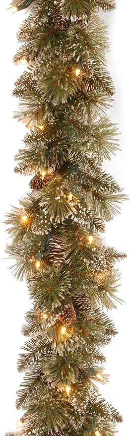 National Tree Company Pre-Lit Artificial Christmas Garland, Green, Glittery Bristle Pine, White Lights, Decorated with Pine Cones, Battery Operated, Christmas Collection, 6 Feet