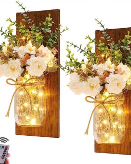 Rustic Wall Sconces Mason Jar Sconces Handmade Wall Art Hanging Design with Remote Control LED Fairy Lights and White Peony,Farmhouse Kitchen Decorations Wall Home Decor Living Room Lights Set of Two