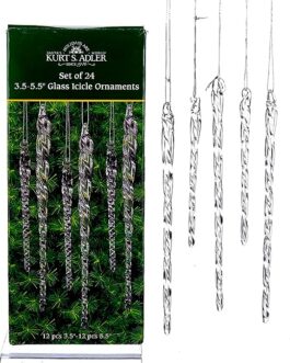 Kurt Adler 3-1/2-Inch-5-1/2-Inch Clear Glass Icicle Ornament Set of 24 Pieces, for Christmas