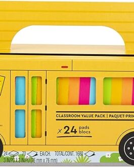 Post-it Super Sticky Notes Value Pack, 24 Pads, Convenient School Bus Carry and Storage Case, 2X The Sticking Power, 3×3 in, Bright Colors (Orange, Pink, Blue, Green, Yellow), Recyclable (654-24SSBUS)