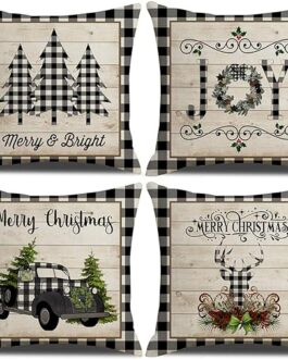 KACOPOL Christmas Buffalo Plaids Pillow Covers Christmas Tree Truck Farmhouse Decor Throw Pillow Case Cushion Cover 18″ X 18″ 4 Pack Christmas Decorations (Christmas Plaids & Joy)
