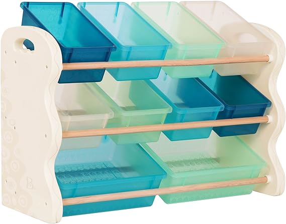B. spaces by Battat – Totes Tidy Toy Organizer – Kids Furniture Set Storage Unit with 10 Stackable Bins – Ivory, Sea and Mint