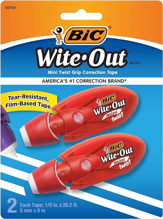 BIC Wite-Out Mini Twist Correction Tape, White, Tear-resistant, Compact and Film-Based Tape, 2-Count Pack (WOMTP21-WHI) (Packaging May Vary)
