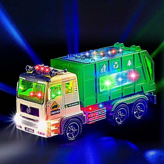 Zetz Brands Toy Garbage Truck for Kids with 4D Lights and Sounds - Battery Operated Automatic Bump & Go Car - Sanitation Truck Stickers