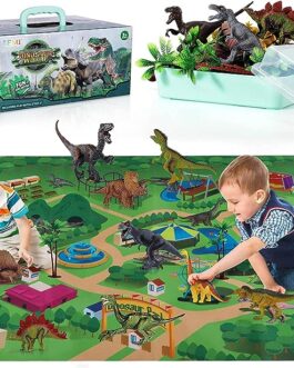 TEMI Dinosaur Toys for Kids 3-5 with Play Mat & Trees, Realistic Jurassic Dinosaur Figures to Create a Dino World Includes T-rex, Triceratops, Velociraptor, Gift for Toddlers Boys & Girls 2 3 4 5 6 7