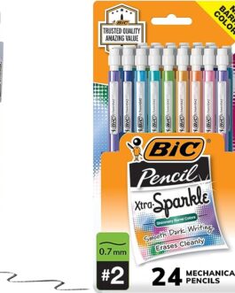 BIC Xtra-Sparkle Number 2 Mechanical Pencils With Erasers (MPLP241-BLK), Medium Point (0.7mm), 24-Count Pack, Cute Mechanical Pencils For Girls, Boys and Adults (Barrel Colors May Vary)