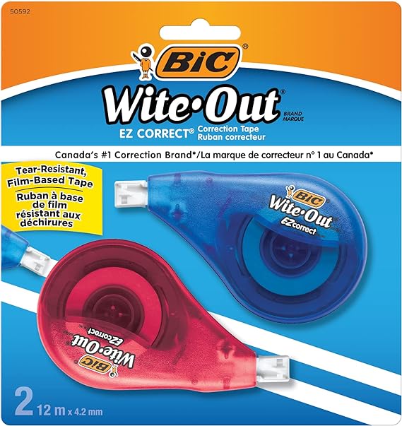 BIC Wite-Out Brand EZ Correct Correction Tape, 39.3 Feet, 2-Count Pack of white Correction Tape, Fast, Clean and Easy to Use Tear-Resistant Tape Office or School Supplies