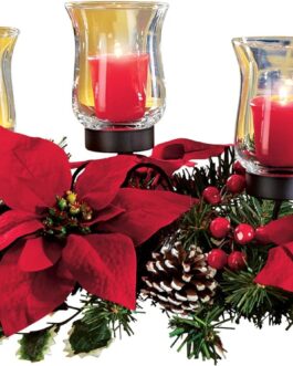 Collections Etc Christmas Poinsettia Candle Holder Centerpiece with Pinecones, Red 20″ L x 9″ W x 9 1/4″ H