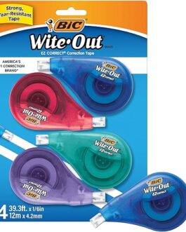 BIC Wite-Out Brand EZ Correct Correction Tape, 19.8 Feet, 4-Count Pack of white Correction Tape, Fast, Clean and Easy to Use Tear-Resistant Tape Office or School Supplies