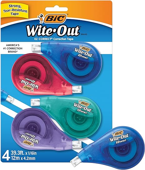 BIC Wite-Out Brand EZ Correct Correction Tape, 19.8 Feet, 4-Count Pack of white Correction Tape, Fast, Clean and Easy to Use Tear-Resistant Tape Office or School Supplies