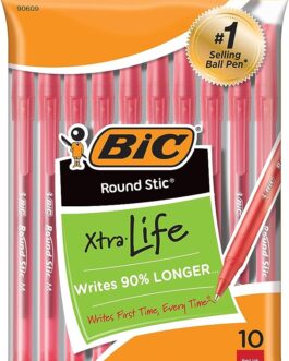 BIC Round Stic Xtra Life Ballpoint Pen, Medium Point (1.0mm), Red, 10-Count