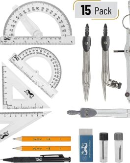 Mr. Pen Geometry Set with 6 Inch Swing Arm Protractor, Divider, Set Squares, Ruler, Compasses and Protractor, 15 Piece Set