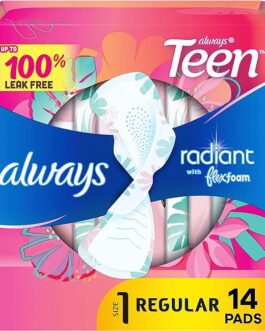 Always Radiant Teen Feminine Pads For Women, Size 1 Regular Absorbency, With Flexfoam, With Wings, Unscented, 14 Count