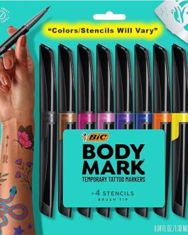 BIC BodyMark Temporary Tattoo Markers for Skin (MTBP81-AST), Color Collection, Flexible Brush Tip, Assorted Colors, Skin-Safe*, Cosmetic Quality 8-Count Pack