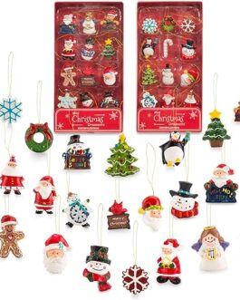Mini Resin Christmas Ornaments Set of 24 – Rustic Christmas Decorations – Small Miniature Christmas Tree Ornaments – Santa Snowman Gingerbread Angel – Tiny Christmas Tree Decorations with Gift Box!