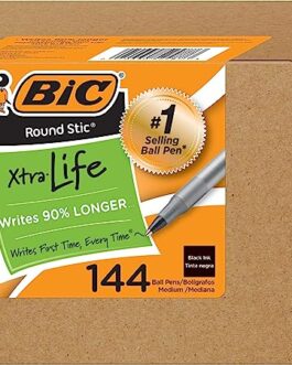 BIC Round Stic Xtra Life Ballpoint Ink Pens, Medium Point (1.0mm), Black Pens, Flexible Round Barrel For Writing Comfort, 144-Count