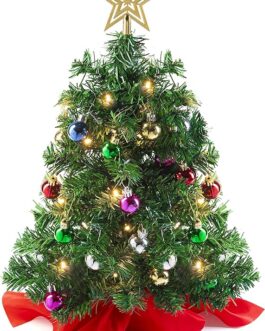 Prextex 22” Mini Christmas Tree with Lights Ornaments and Presents – Small Christmas Tree with Lights Christmas Table Decorations Little Christmas Tree White Christmas Tree – Warm White, Green