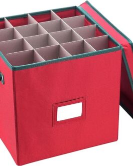 Elf Stor Christmas Box with Adjustable Dividers and Lid Ornaments Storage, Red