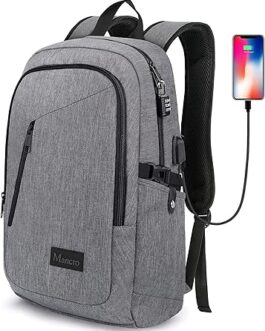 Mancro Laptop Backpack for Travel, 15.6 in Anti-Theft Business Backpack for Men Women with USB Charging Port & Lock, Gifts for Men Women, Water Resistant Travel Computer Bag Daypack, Grey