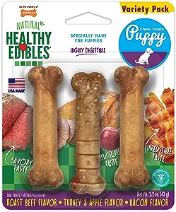 Nylabone Healthy Edibles Puppy Natural Long Lasting Dog Chew Treats Roast Beef Turkey & Apple & Bacon X-Small – Up to 15 lbs. 3 Count