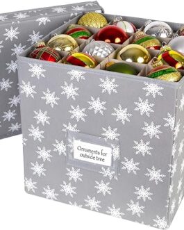 HOLDN’ STORAGE Christmas Ornament Storage Box with Lid – Christmas Decor Storage Containers that Store up to 64 Holiday Ornaments – Grey/White Snowflakes Trim